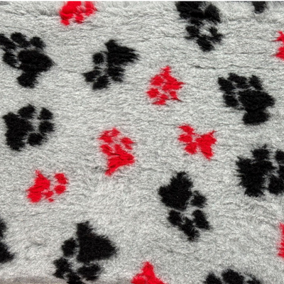 Grey vet bed with red and black paw prints – non-slip breathable dog bedding