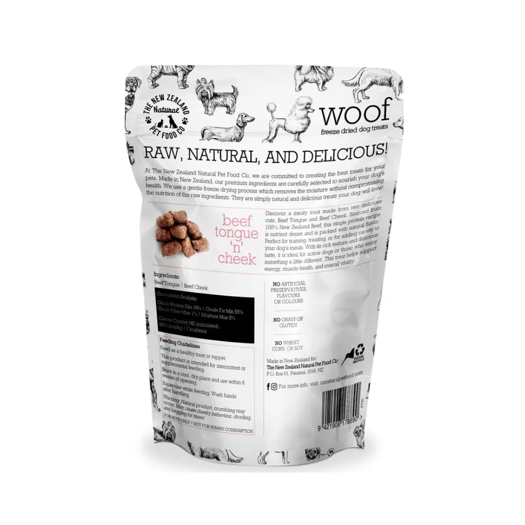 Woof Beef Tongue ’n’ Cheek Dog Treats – 50g The NZ Natural Pet Food Co.