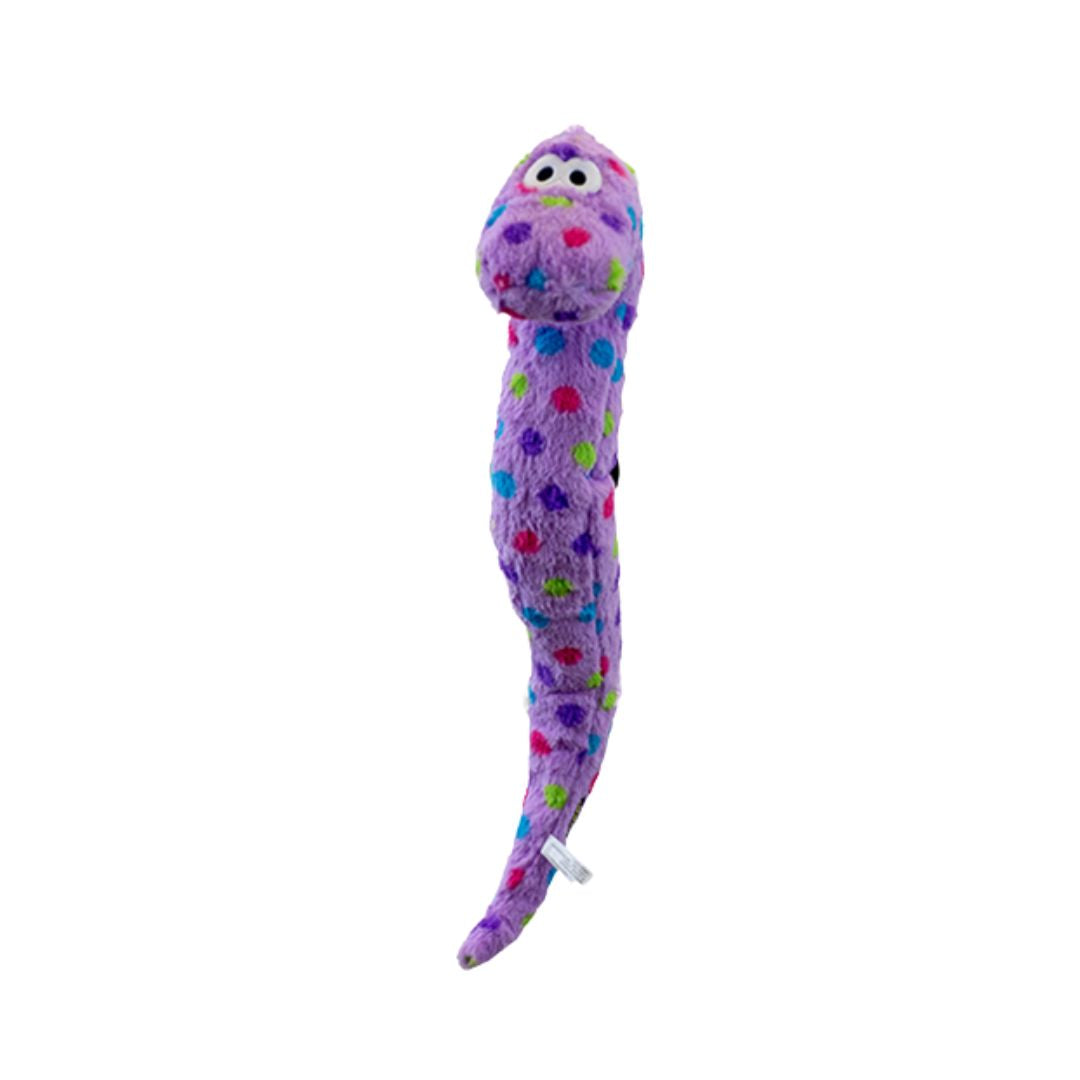 Purple plush toy with colorful polka dots on a white background