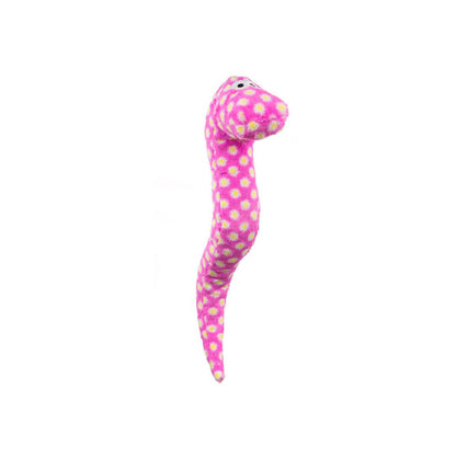 Pink and yellow polka dot soft toy on a white background
