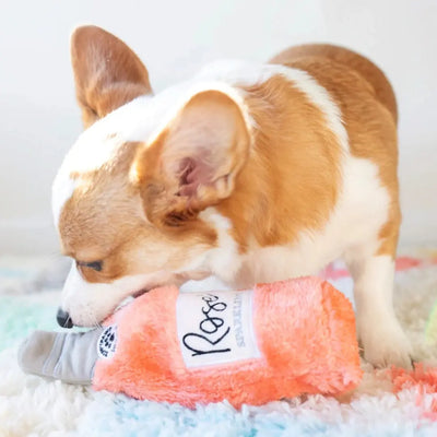 Dog playing with a toy labeled 'Rose' on a soft surface